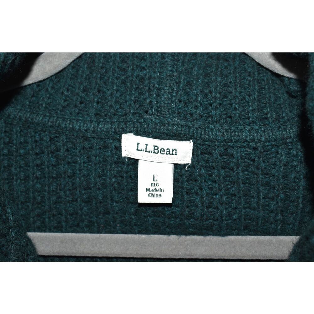 L.L. Bean Sweater Green Large Merino Wool Cotton Open Front Hood Cardigan Knit - Picture 3 of 9